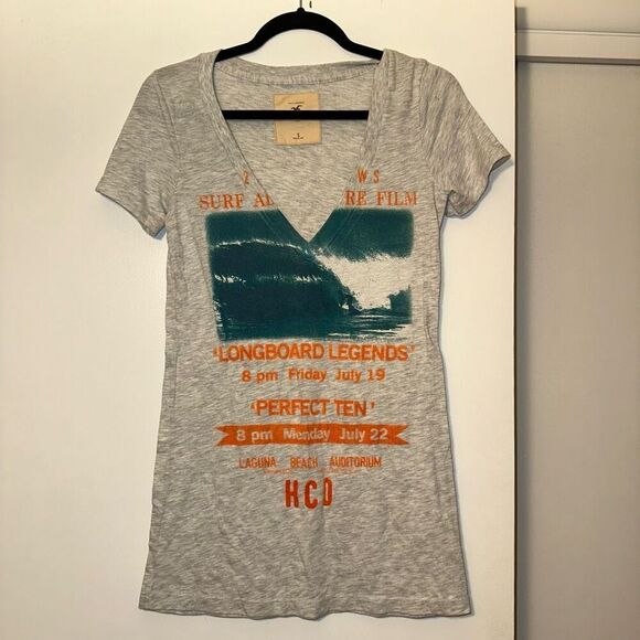 Hollister Juniors Light Gray Blue Orange Graphic Surf V Neck Tee Small EUC - Picture 1 of 9